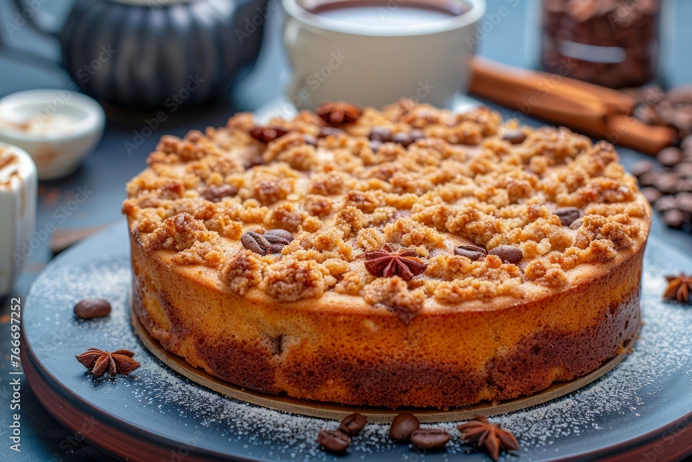 Delicious Homemade Coffee Crumble Cake on Blue Background with Ingredients and Copy Space Delicious Homemade Coffee Crumble Cake on Blue Background with Ingredients and Copy Space