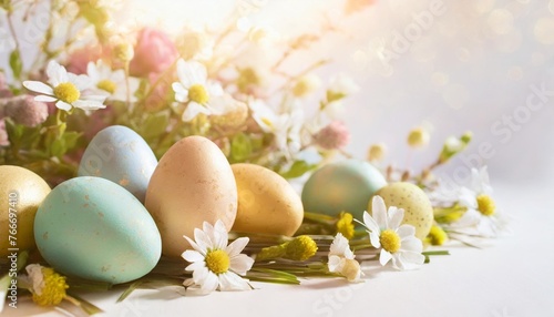 easter background with colorful eggs and flowers on white background happy easter spring farm holiday festive scene greeting cards posters easter holiday card concept copy space
