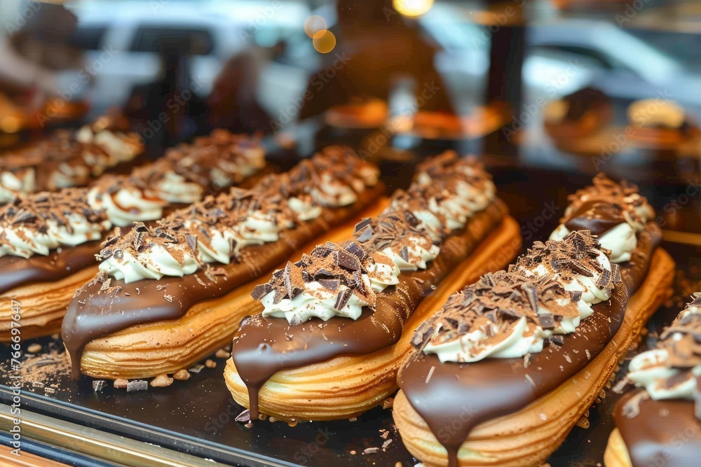 Delightful Assortment of Chocolate Topped Eclairs with Cream Filling and Nut Sprinkles in Patisserie Display Case Delightful Assortment of Chocolate Topped Eclairs with Cream Filling and Nut Sprinkles in Patisserie Display Case