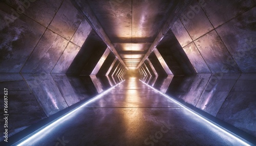 neon laser purple blue sci fi futuristic alien spaceship concrete stone cement purple blue glowing corridor tunnel showroom hangar underground hallway basement 3d rendering