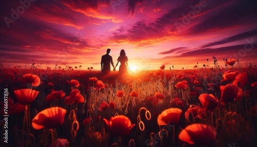 Romantic Sunset with Couple's Silhouette Against Vivid Red Poppy Field and Majestic Sky with Golden Sun Rays