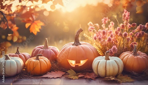generative halloween and thanksgiving decoration for home and celebration concept pumpkins and plants autumn background