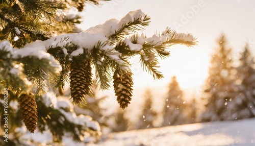 fir tree branches with pine cones and snow on white background