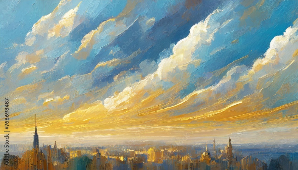 abstract background as surreal illustration of cloudscape above city in style of oil paintings of van gogh blue white and yellow clouds swirls - obrazy, fototapety, plakaty 