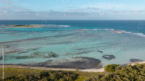 Beautiful virgin islands with crystal clear waters in the Caribbean Sea drone shots. Los Roques Venezuela, Cayo Francisqui © carlosagonzalezq