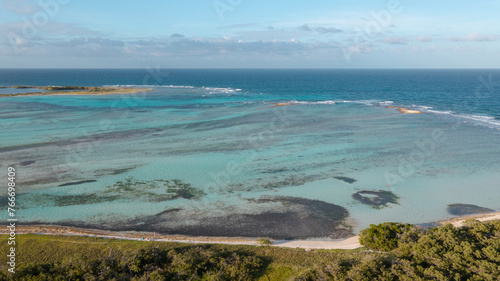 Beautiful virgin islands with crystal clear waters in the Caribbean Sea drone shots. Los Roques Venezuela, Cayo Francisqui