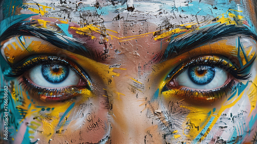Mural callejero de ojos femeninos con pintura,  graffiti contra fondos urbanos arenosos para una sensación vanguardista y dinámica. Generado con tecnología IA photo