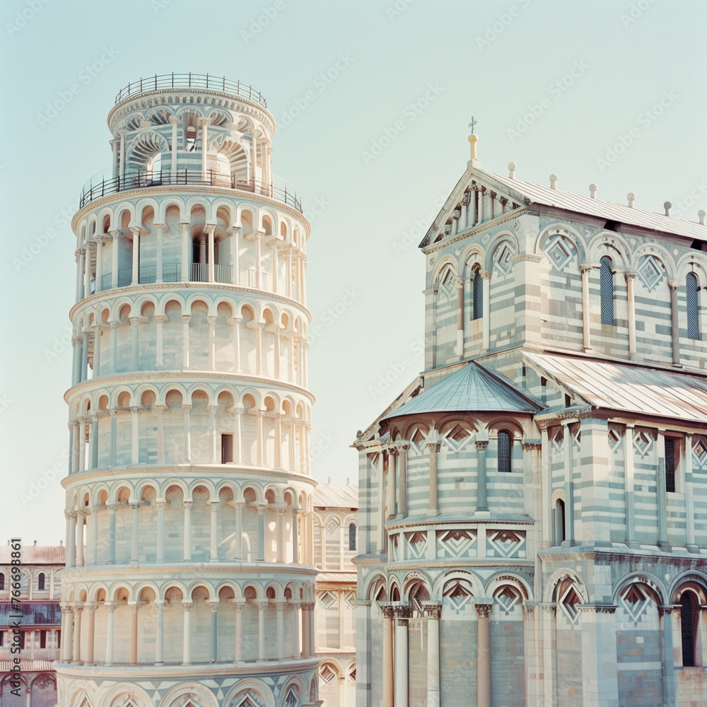 The Leaning Tower of Pisa and Surrounding Architecture under Clear Blue Sky