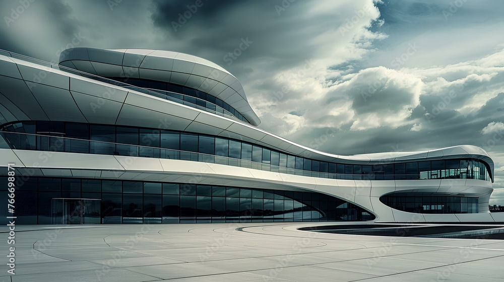 Majestic fluidity of modern architecture, sweeping curves form a futuristic promenade, interplay of light and shadow on organic facades, dynamic composition of form and open space. generative AI Majestic fluidity of modern architecture, sweeping curves form a futuristic promenade, interplay of light and shadow on organic facades, dynamic composition of form and open space. generative AI