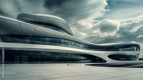 Majestic fluidity of modern architecture, sweeping curves form a futuristic promenade, interplay of light and shadow on organic facades, dynamic composition of form and open space. generative AI