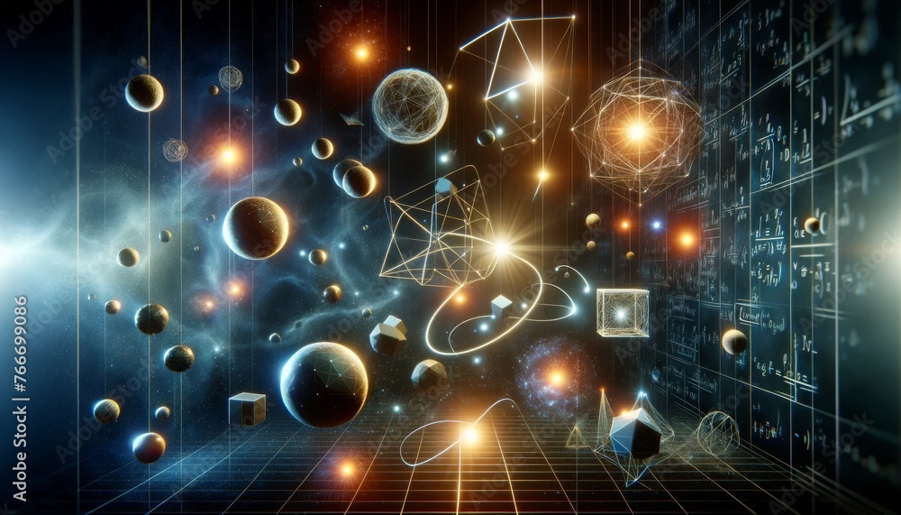 Obraz premium Quantum Physics Concept Art with Floating Geometric Shapes and Ethereal Light Connections in Dark Space