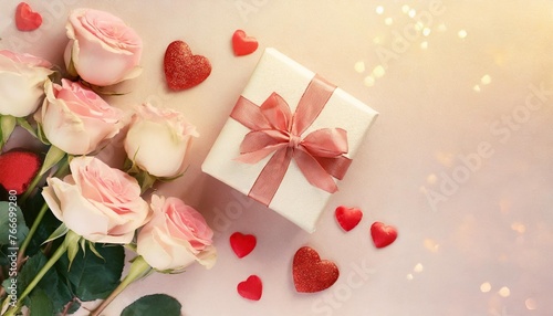 valentine or mother day festive composition with gift or present box rose flowers and red pink hearts on pastel background top view beautiful flat lay greeting card