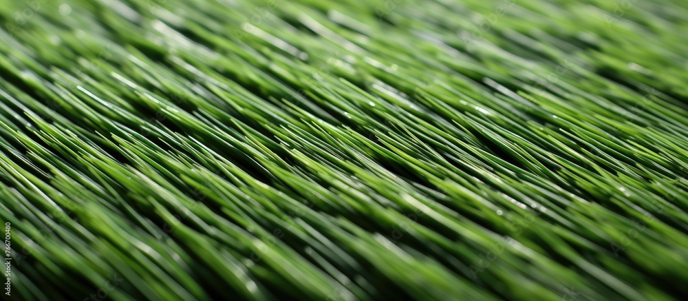 A detailed view of a lush green grass field covered in tiny water droplets, creating a refreshing and natural scene A detailed view of a lush green grass field covered in tiny water droplets, creating a refreshing and natural scene