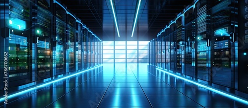 The server room is filled with multiple servers and many large windows, featuring a symmetrical pattern of electric blue display devices. The transparent windows offer views of the aqua water outside