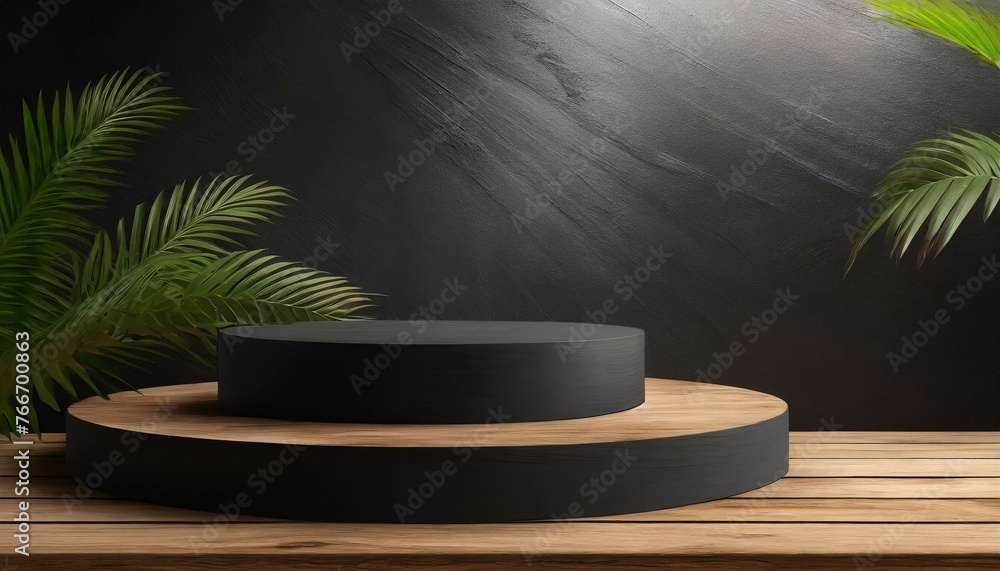 Close-up 3d podium product display wall empty wooden table black color Close-up 3d podium product display wall empty wooden table black color
