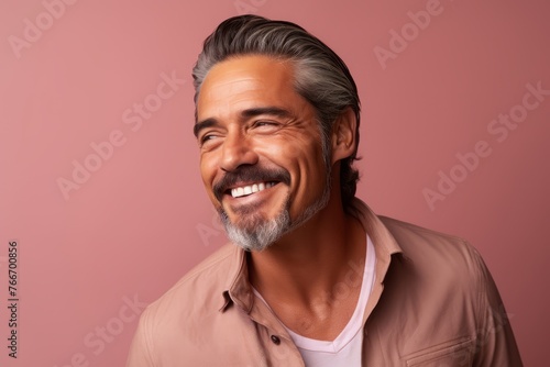 Portrait of a happy mature man. Isolated over pink background.