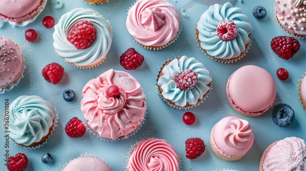 A table covered with cupcakes and berries, some frosted, AI A table covered with cupcakes and berries, some frosted, AI