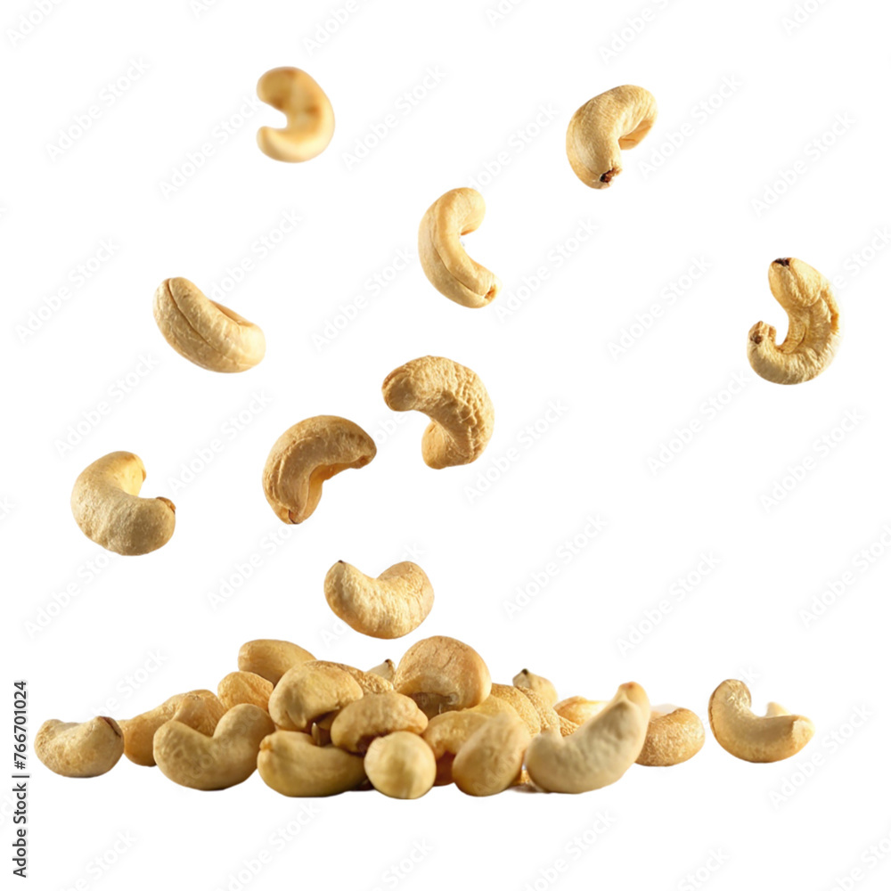 Flying cashew nuts isolated on transparent background. Healthy food. Top view. Flying cashew nuts isolated on transparent background. Healthy food. Top view.