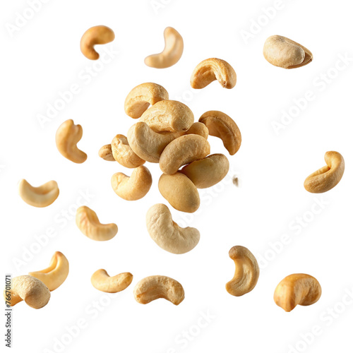 Flying cashew nuts isolated on transparent background. Healthy food. Top view.
