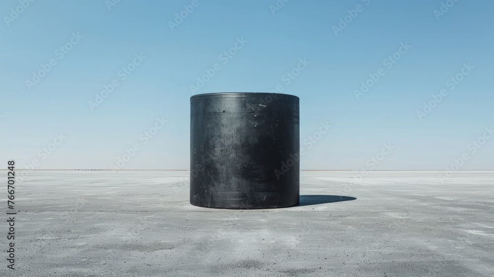 A black cylinder sitting on a plain with no people around, AI