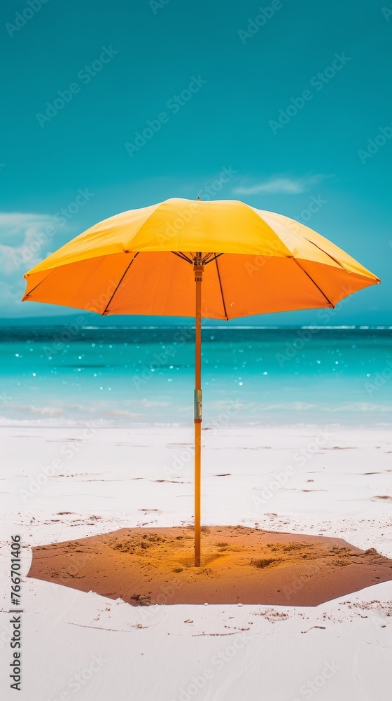 A yellow umbrella on the beach with a blue sky and ocean, AI
