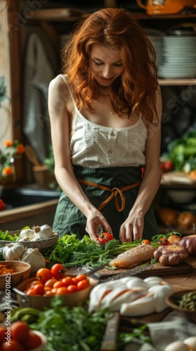 A woman with red hair standing over a table of food  AI