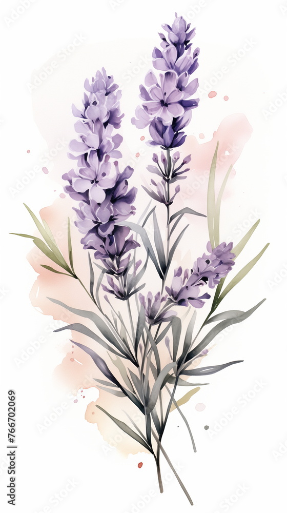 Watercolor painting of lavender flowers with detailed petals and splashes, botanical illustration perfect for greeting cards and spring-themed designs.