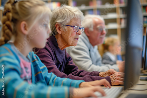 Focused elderly couple and granddaughter using computer at library © Vasilina FC