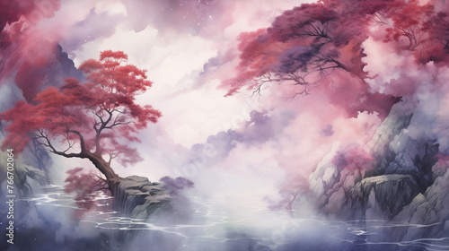 Digital painting of a mystical autumn forest with red foliage and fog over a serene lake. Suitable for fantasy artwork and atmospheric wall art.