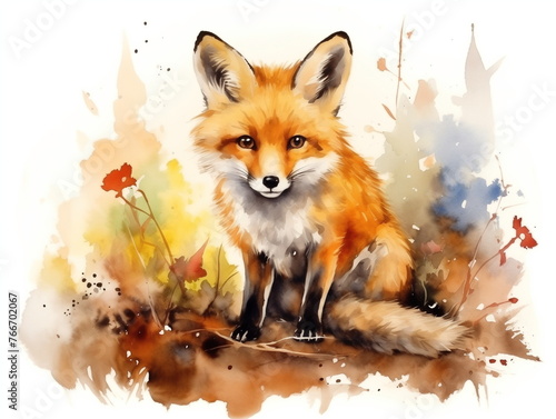 Watercolor painting of a fox standing amidst autumn foliage, capturing the essence of the fall season. Ideal for seasonal decor or nature-inspired art collections.