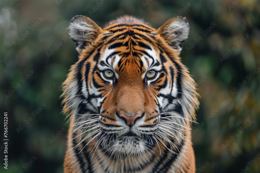Whiskered Intensity A detailed portrait of a tiger, showcasing the texture of its fur and the intensity of its gaze, set against a backdrop of wild beauty , vibrant
