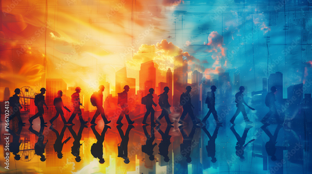 A vibrant painting capturing a diverse group of people walking across a bustling city on Labor Day, showcasing unity and progress