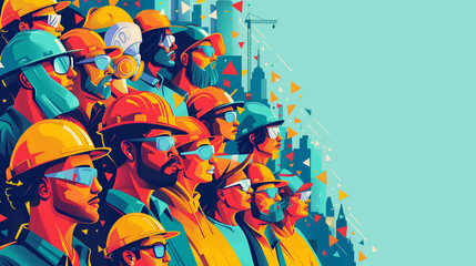 A group of men, wearing hard hats and glasses, gather together as they prepare for their work on Labor Day, showcasing unity and determination