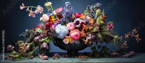 A close-up view of a vase filled with an abundance of colorful flowers placed on a table