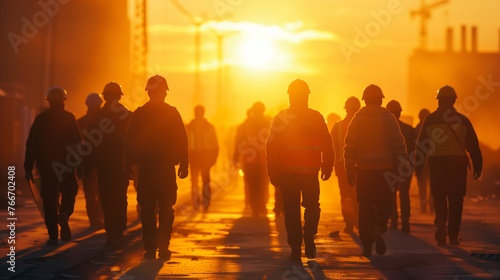 A group of people, silhouetted against the warm hues of the setting sun, are leisurely walking down a charming city street on a peaceful evening