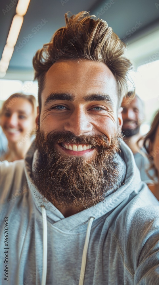 A man with a beard and grey sweatshirt smiling for the camera, AI A man with a beard and grey sweatshirt smiling for the camera, AI