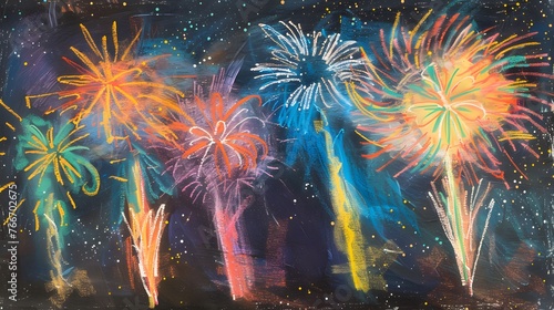 クレヨンで描いた花火大会の絵 photo