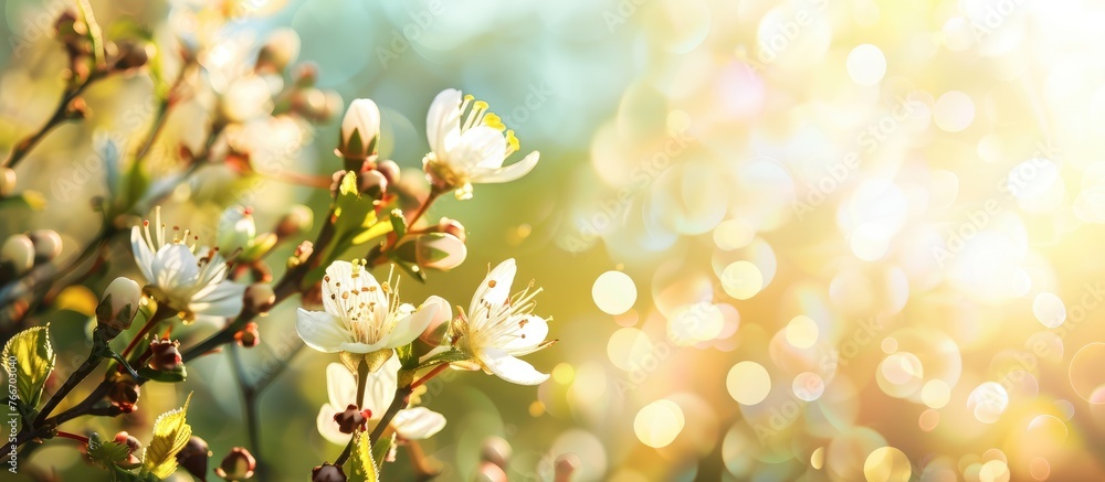 Sunlight shining on Easter blossoms with a blurry spring backdrop, symbolizing the season of new growth and renewal, featuring a floral theme with space for text.