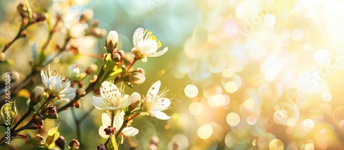Sunlight shining on Easter blossoms with a blurry spring backdrop, symbolizing the season of new growth and renewal, featuring a floral theme with space for text.