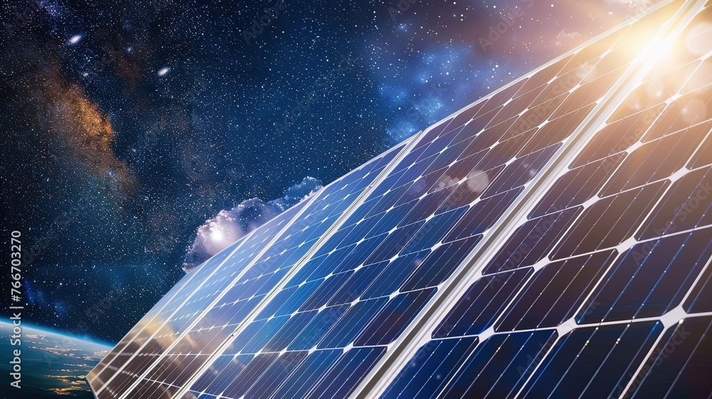 Image of solar panels in space against the background of the Earth ...