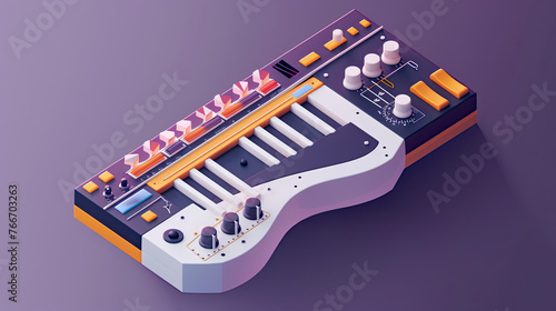 An isometric design of an electric guitar inspired synthesizer with four dials and two volume knobs, the product has bright pastel colors of purple, orange, yellow and grey photo