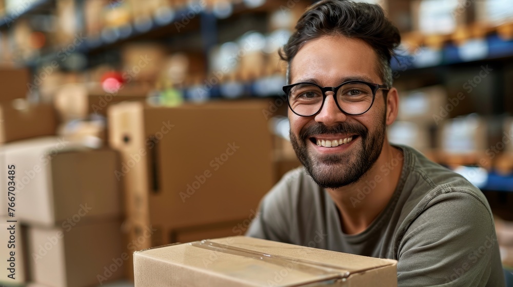 A man in a warehouse storing cardboard boxes A man in a warehouse storing cardboard boxes