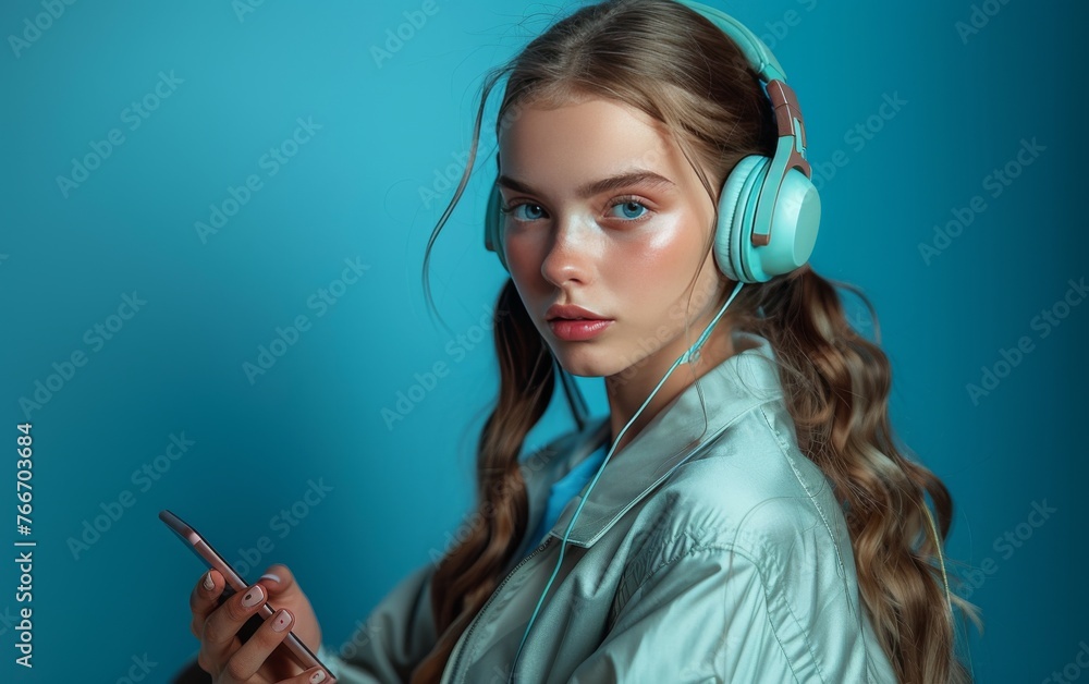 A woman wearing headphones is holding a cell phone A woman wearing headphones is holding a cell phone