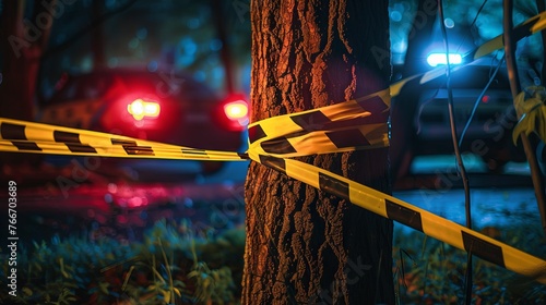 Crime scene in public park with police investigation wallpaper background photo