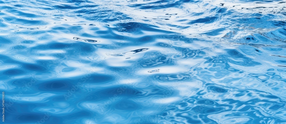 A detailed close up of the surface of calm blue water, showing small and gentle ripples