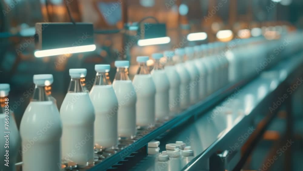 Filling milk or yoghurt in to plastic bottles in factory, milk production Filling milk or yoghurt in to plastic bottles in factory, milk production