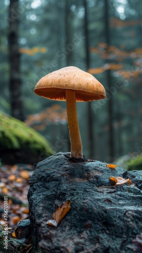 A mushroom growing on a rock in the woods, AI
