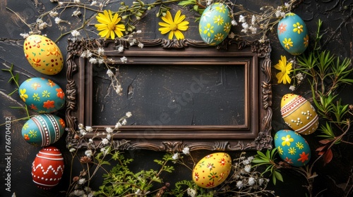 A picture of a frame with easter eggs and flowers in front, AI photo