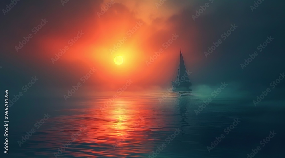 Fototapeta premium A ship sails in the ocean at sunset