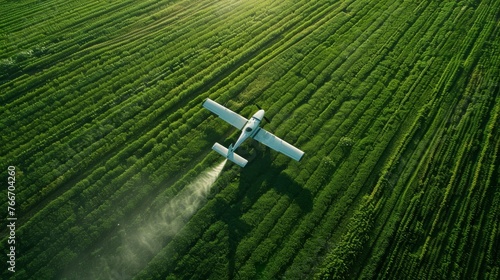 A small plane is spraying a field of green grass